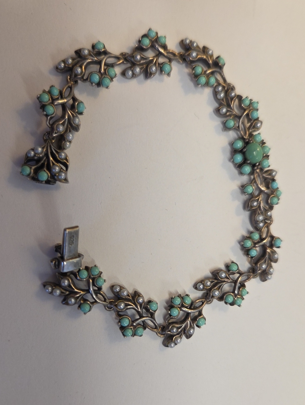Vintage 925 Sterling Silver Turquoise Pearl Vine Leaf Link Bracelet 7" Victorian